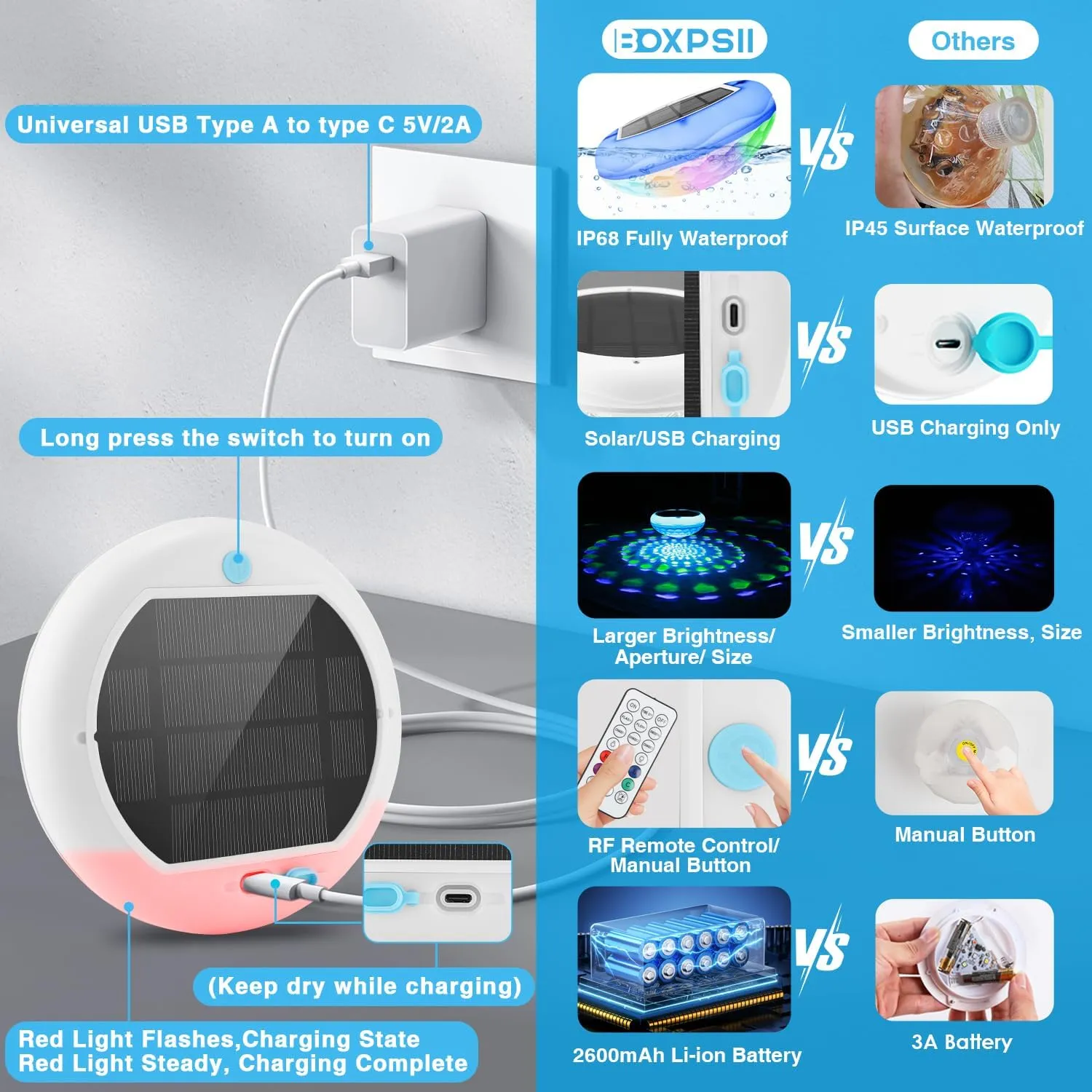 Solar Pool Lights, 2600mAh USB Rechargeable Floating Pool Lights, 6.7" IP68 Waterproof Solar Floating Light with Remote, RGB 13 Colors Upper and Lower Glow Hangable Light for Path, Hot Tubs 1 PCS