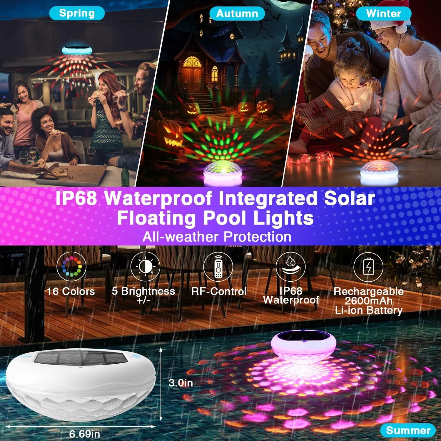 Solar Pool Lights, 2600mAh USB Rechargeable Floating Pool Lights, 6.7" IP68 Waterproof Solar Floating Light with Remote, RGB 13 Colors Upper and Lower Glow Hangable Light for Path, Hot Tubs 1 PCS
