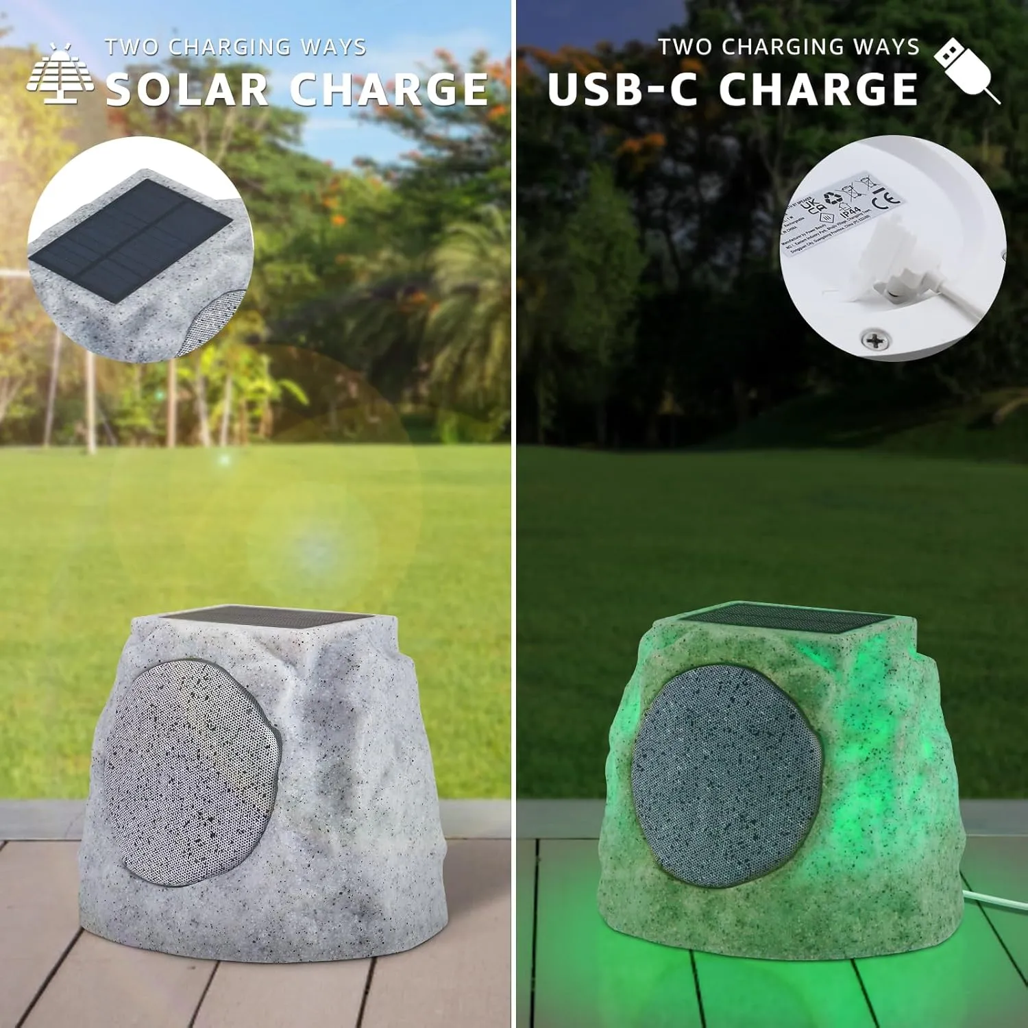 Solar Rock Speakers Outdoor Water-Resistant 2-Pack Solar Powered Rock Speaker with Lights RGB and TWS Pair for Patio Outside Garden BBQ Deck