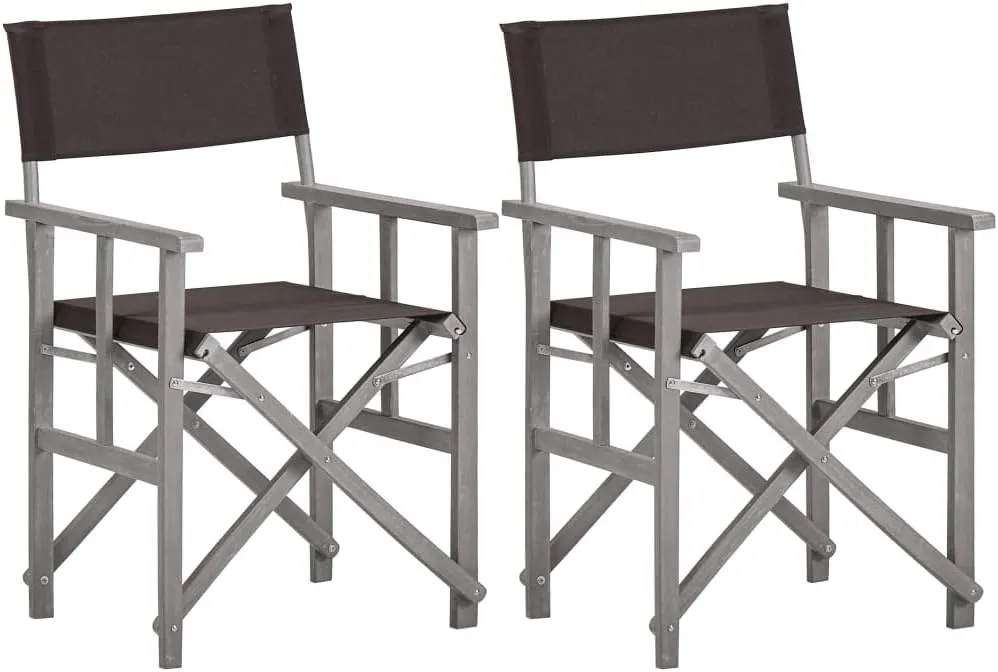Solid Acacia Wood Folding Director's Chairs Set of 2, Gray Wash Frame with Black Fabric for Outdoor Camping Beach Patio Lounge Furniture