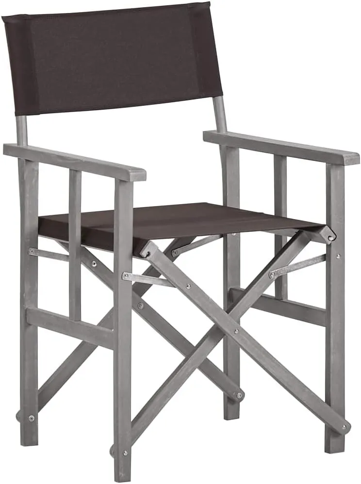Solid Acacia Wood Folding Director's Chairs Set of 2, Gray Wash Frame with Black Fabric for Outdoor Camping Beach Patio Lounge Furniture