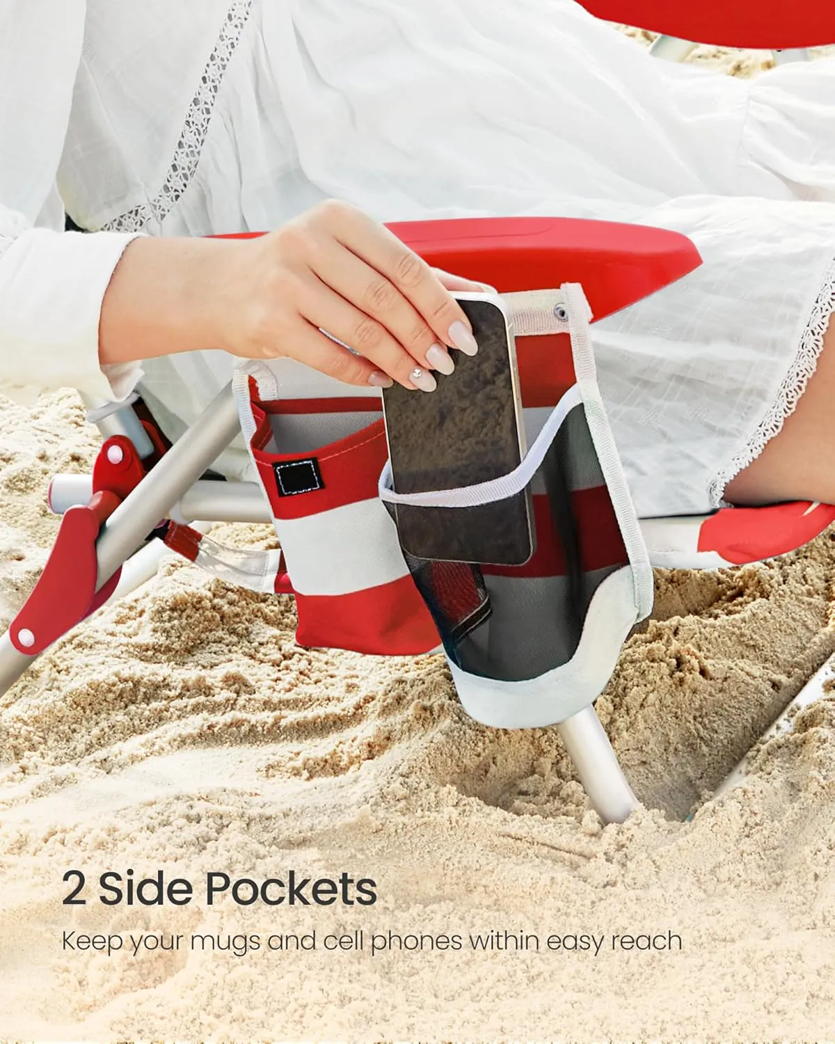 SONGMICS Portable Backpack Beach Chair, 331 lb Capacity, 4 Angles Adjustable Backrest, 2 Side Pockets, Towel Bar, Red and White UGCB062R01