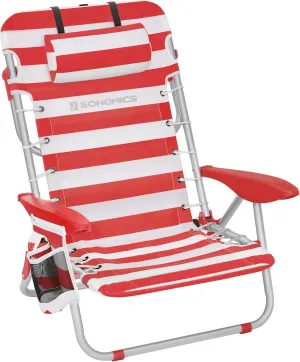 SONGMICS Portable Backpack Beach Chair, 331 lb Capacity, 4 Angles Adjustable Backrest, 2 Side Pockets, Towel Bar, Red and White UGCB062R01