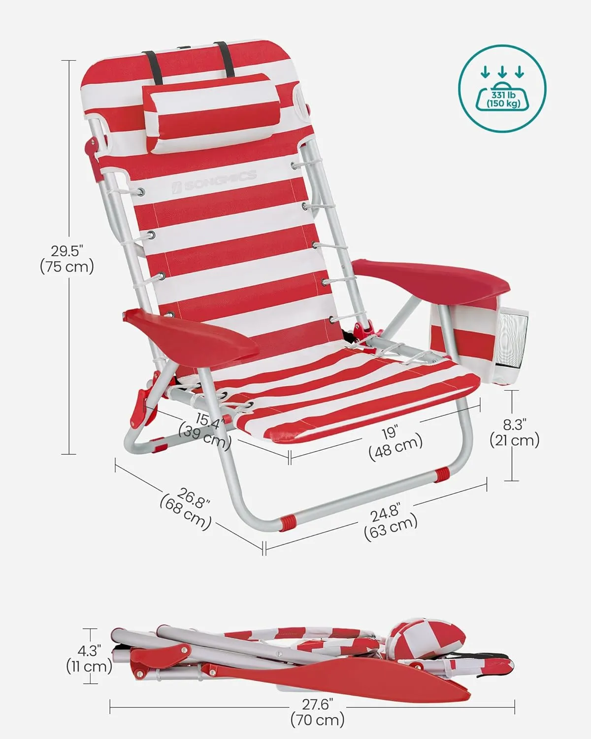 SONGMICS Portable Backpack Beach Chair, 331 lb Capacity, 4 Angles Adjustable Backrest, 2 Side Pockets, Towel Bar, Red and White UGCB062R01