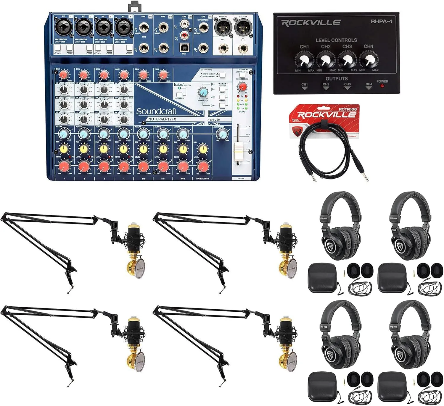 Soundcraft Notepad-12FX Mixer Bundle with Rockville RCM02 Pro Recording Mic, PRO-M50 Studio Headphones, DMS40 40" Mic Boom Arm, RCTR106B TRS to TRS Cable and RHPA4 Headphone Amplifier Stereo