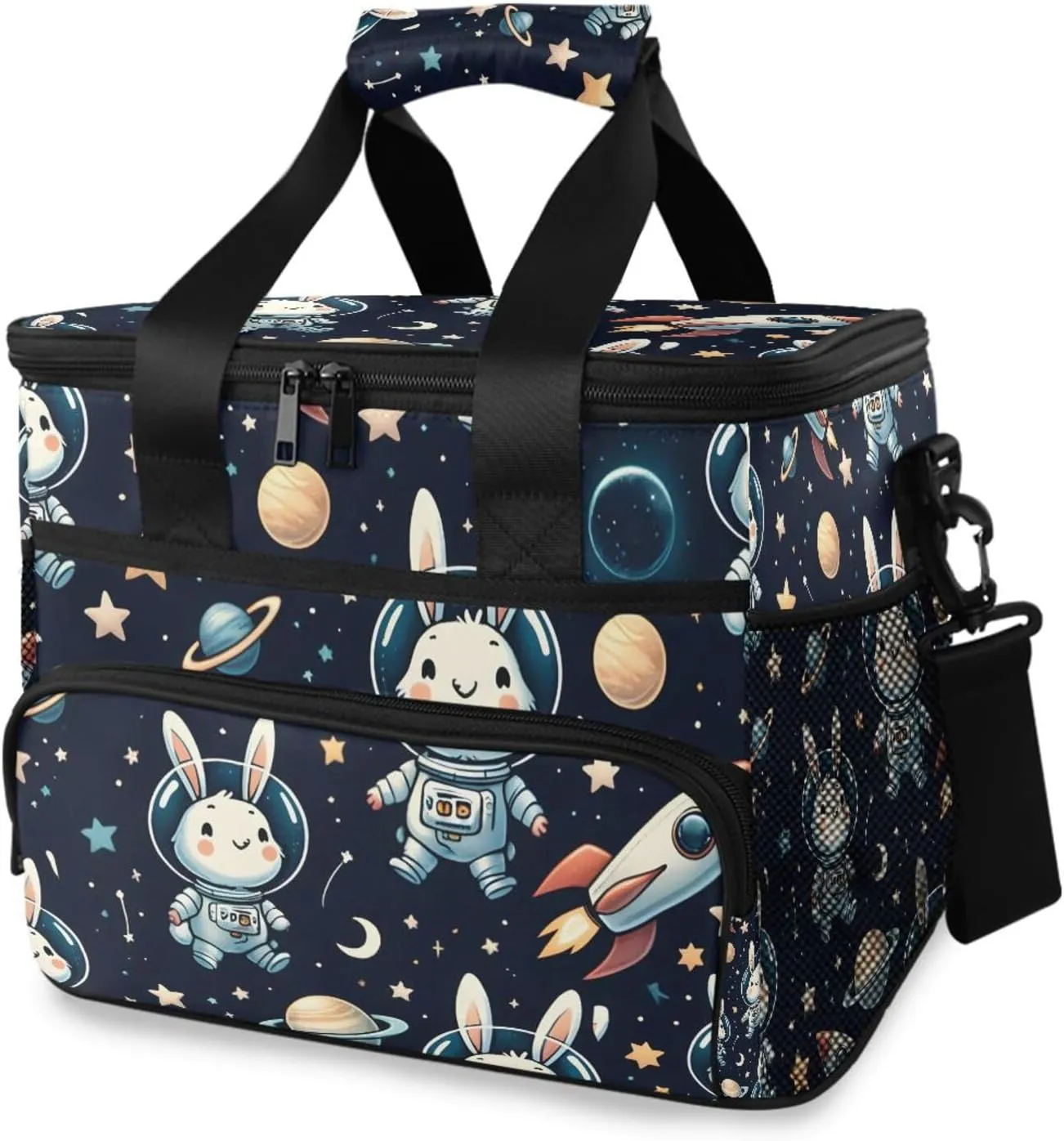 Space Bunny Cartoon Rocket Cooler Bag Insulated Cooler Soft Sided Cooler 24 Can Portable Picnic Bag Large Leakproof Lunch Bag Box for Beach Grocery Camping Travel Car Men Women