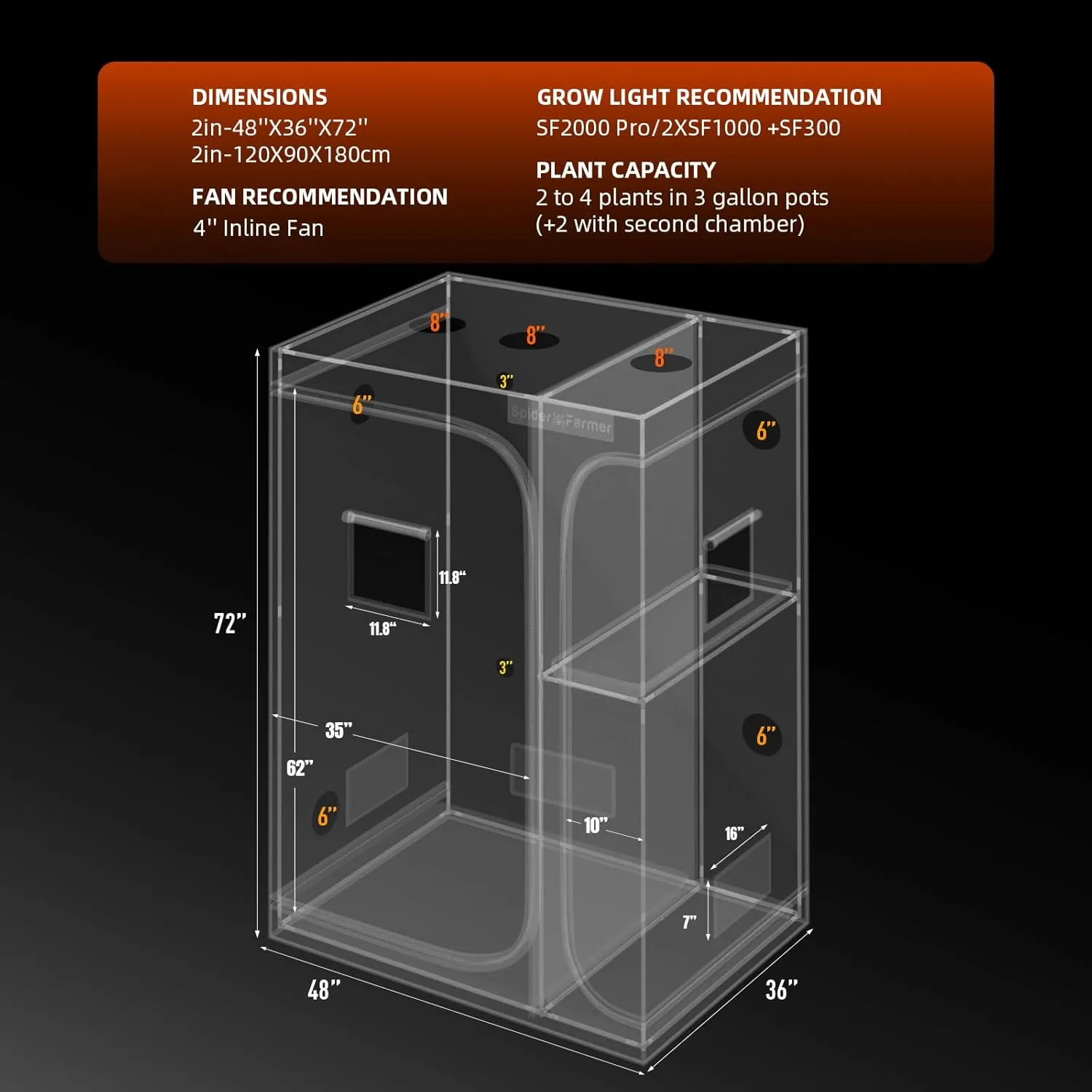 Spider Farmer 2 in 1 4x3 Grow Tent Pro-Grade, 48"x36"x72", with Observation Window and Floor Tray, 1680D Thicken Mylar Canvas, 4x3x6 for Indoor Hydroponic Growing for SF2000Pro, SE3000, G3000
