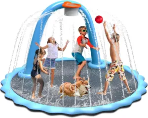 Splash Pad, Non-Slip Sprinkler Mat with Basketball Hoop and Arch for Kids Outdoor Play, Shoot Game for Backyard, Inflatable Water Toys More Fun for Boys and Girls (Round 110 in)