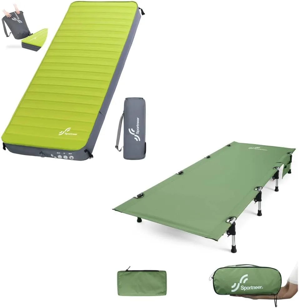 Sportneer Camping Cot   Self Inflating Sleeping Pad, Folding Cots Lever Lock Portable Lightweight Sleeping Camping Bed, 4" Ultra-Thick Sleeping Mats for Camping Car Travel Tent Home