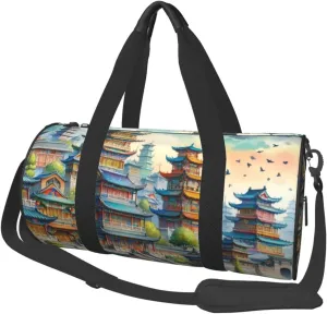 Sports Duffel Bag Cartoon-Ancient-Pagodas-Temple Foldable Travel Tote Bag Weekender Sleepover Carry On Bag