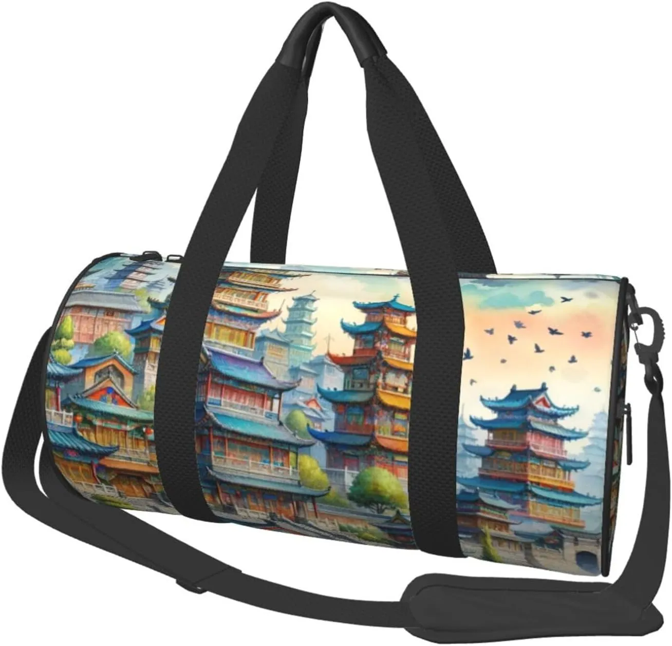 Sports Duffel Bag Cartoon-Ancient-Pagodas-Temple Foldable Travel Tote Bag Weekender Sleepover Carry On Bag