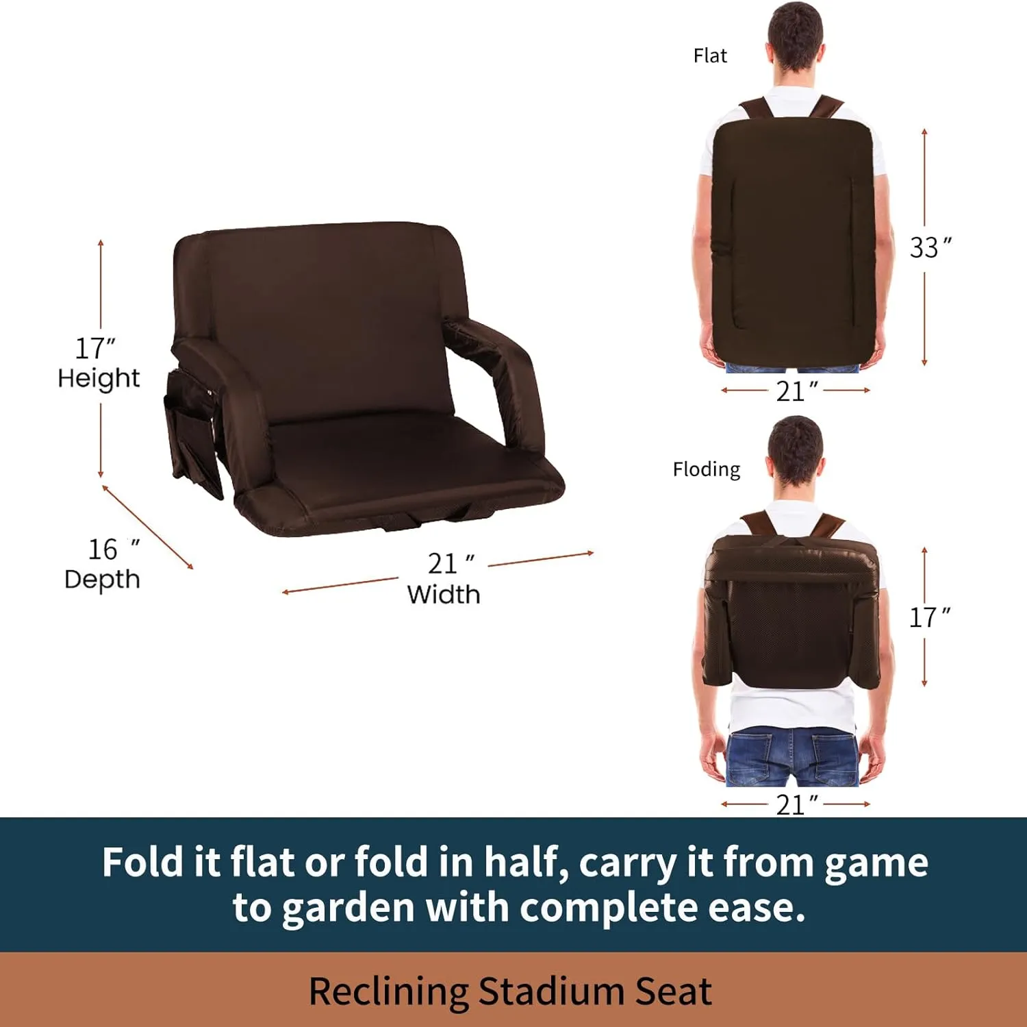 Stadium Bleacher Seats with Back Support, Reclining Chair, Padded Cushion, Armrests(Brown,2-Pack)…