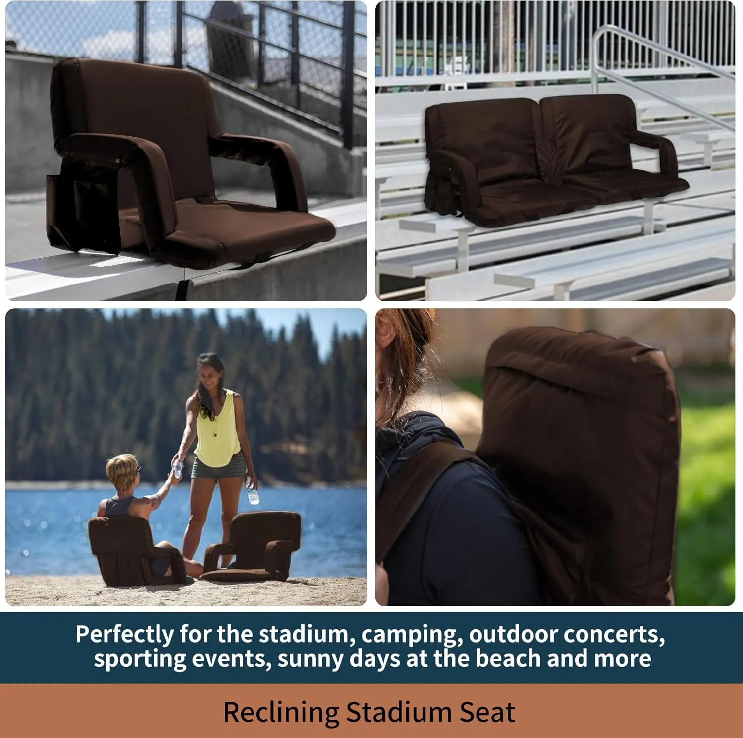 Stadium Bleacher Seats with Back Support, Reclining Chair, Padded Cushion, Armrests(Brown,2-Pack)…