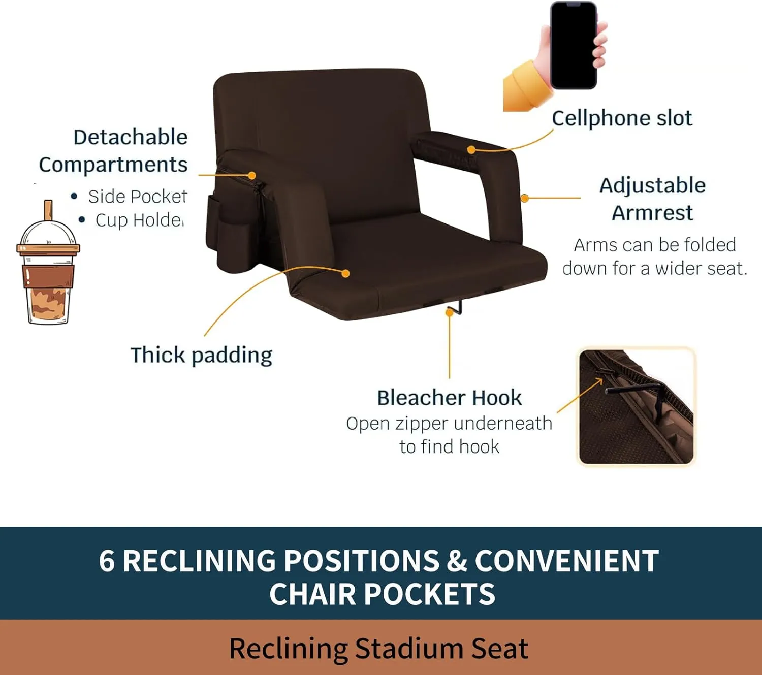 Stadium Bleacher Seats with Back Support, Reclining Chair, Padded Cushion, Armrests(Brown,2-Pack)…