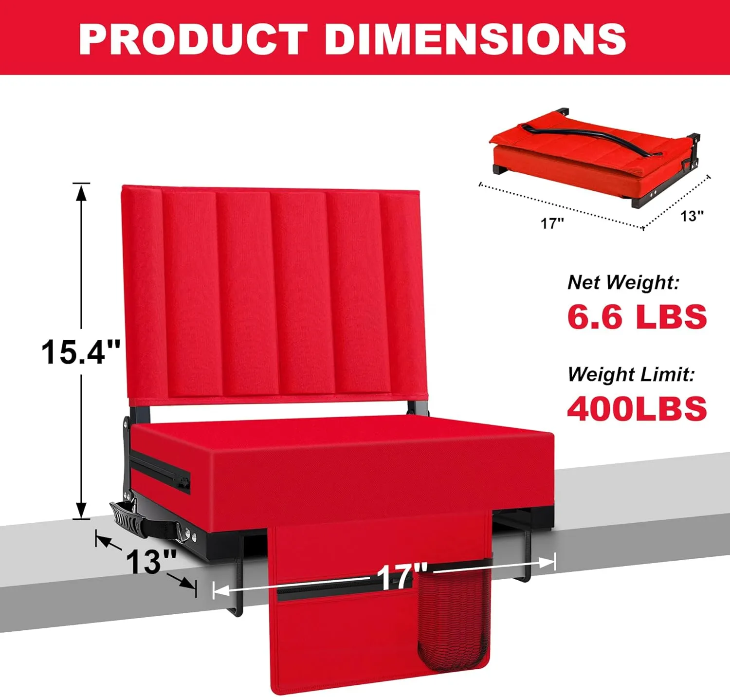 Stadium Seat for Bleachers with Back Support and Cushion, Bleacher Seats with Shoulder Strap and Cup Holder, Padded Portable Folding Comfort Stadium Chair, for Sports Events, Red (1pcs)