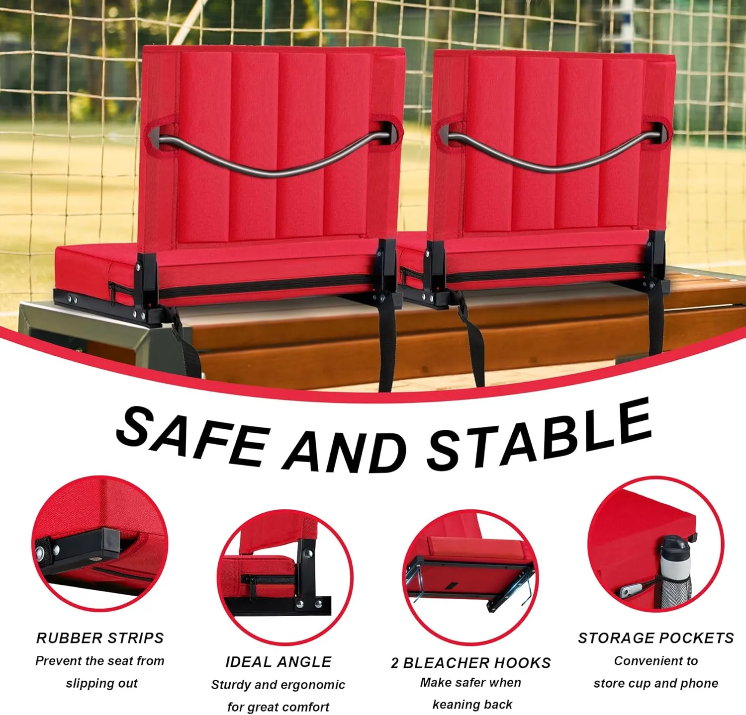 Stadium Seat for Bleachers with Back Support and Cushion, Bleacher Seats with Shoulder Strap and Cup Holder, Padded Portable Folding Comfort Stadium Chair, for Sports Events, Red (1pcs)