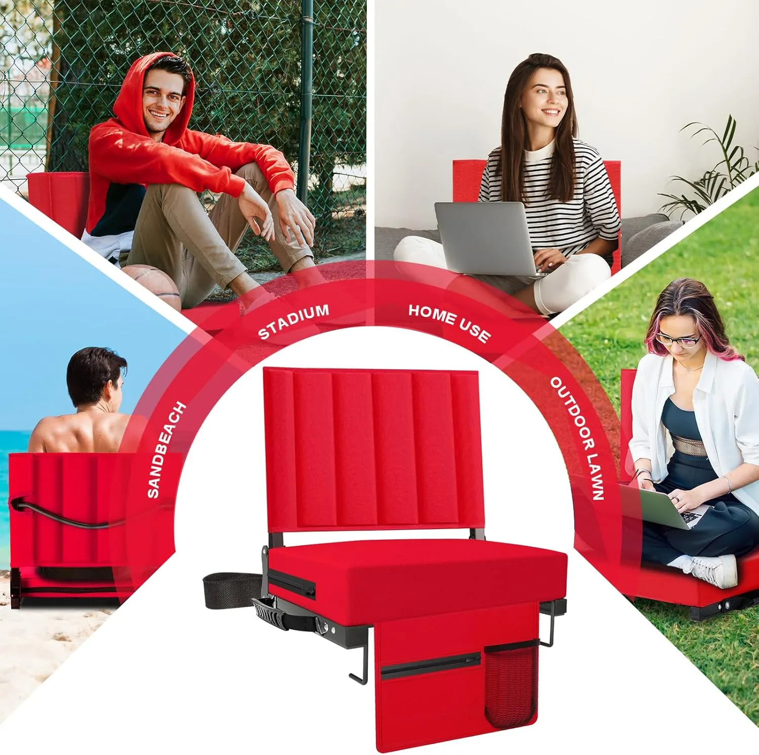 Stadium Seat for Bleachers with Back Support and Cushion, Bleacher Seats with Shoulder Strap and Cup Holder, Padded Portable Folding Comfort Stadium Chair, for Sports Events, Red (1pcs)