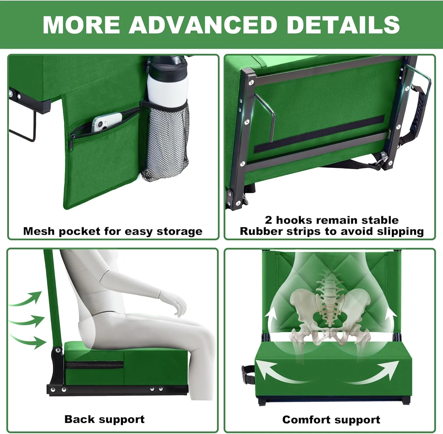 Stadium Seats with Back Support and Cushion Thick Padded Bleacher Chairs with Shoulder Strap, Portable Folding Stadium Seat Chairs for Bleachers Include Cup Holder and Side Pocket