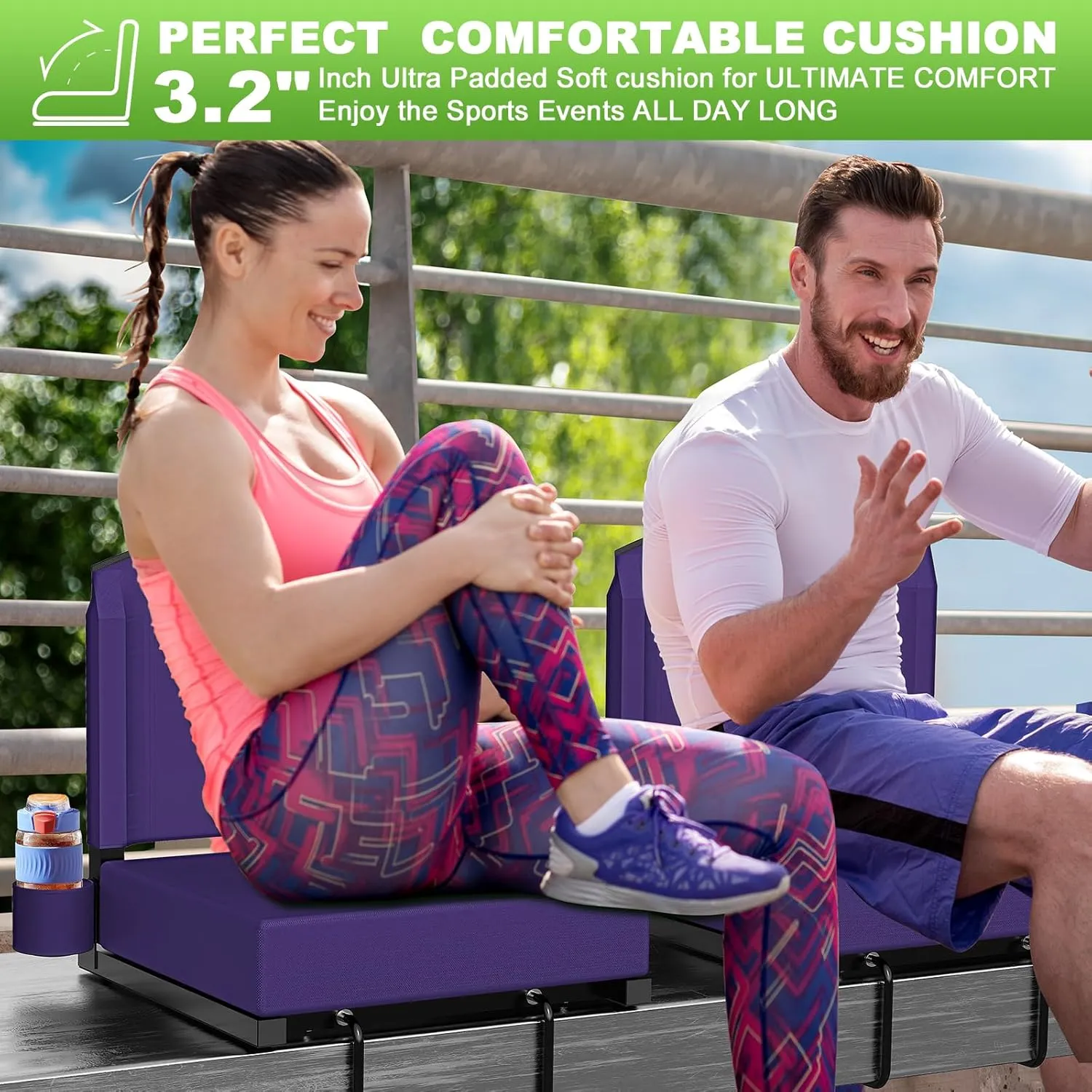 Stadium Seats with Back Support, Portable Bleacher Seat for Bleachers Hold up 400lbs, Wide Bleacher Seat with Shoulder Strap & Handle Perfect for Sports Events (Purple, 1pcs)