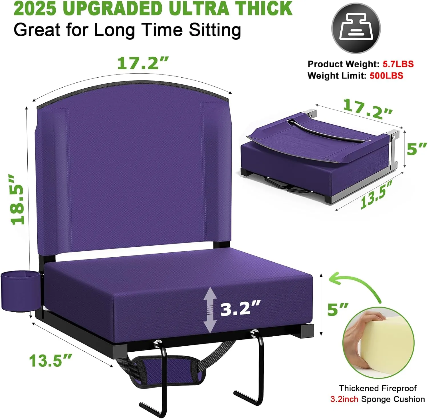 Stadium Seats with Back Support, Portable Bleacher Seat for Bleachers Hold up 400lbs, Wide Bleacher Seat with Shoulder Strap & Handle Perfect for Sports Events (Purple, 1pcs)