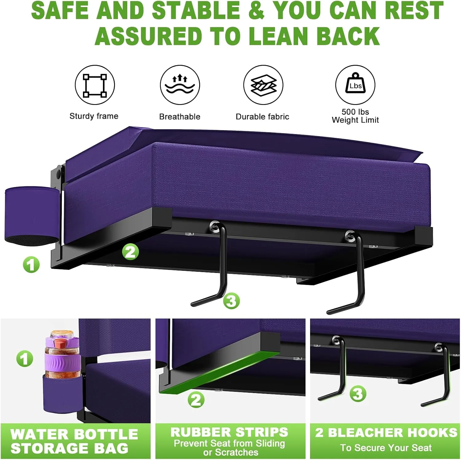 Stadium Seats with Back Support, Portable Bleacher Seat for Bleachers Hold up 400lbs, Wide Bleacher Seat with Shoulder Strap & Handle Perfect for Sports Events (Purple, 1pcs)