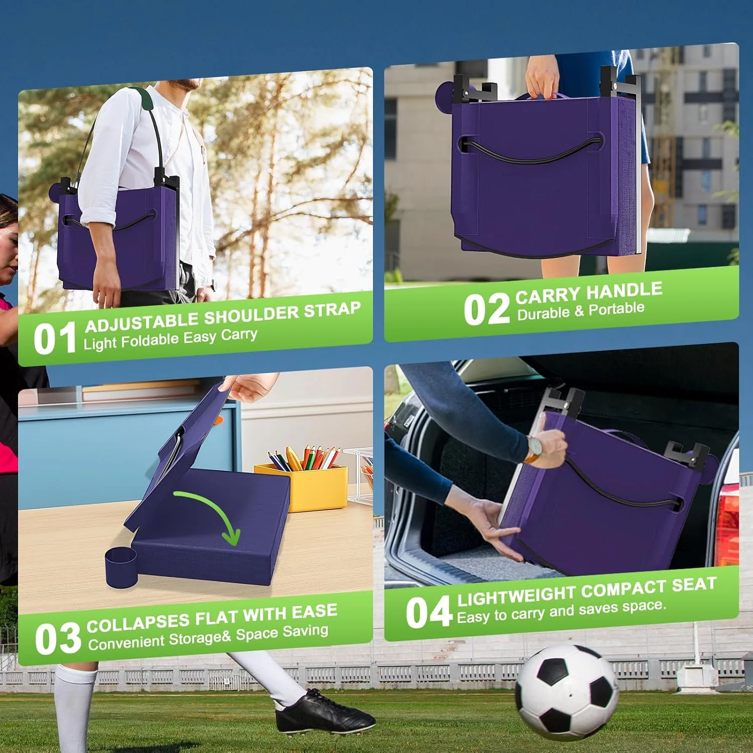 Stadium Seats with Back Support, Portable Bleacher Seat for Bleachers Hold up 400lbs, Wide Bleacher Seat with Shoulder Strap & Handle Perfect for Sports Events (Purple, 1pcs)