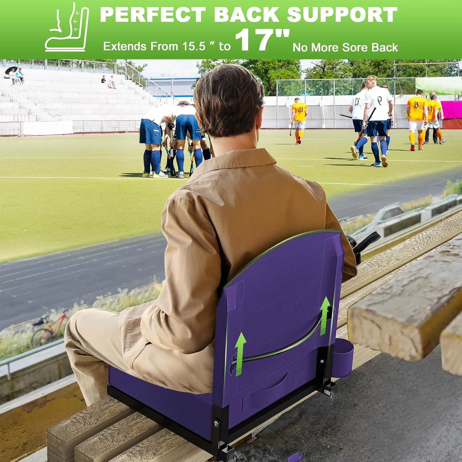 Stadium Seats with Back Support, Portable Bleacher Seat for Bleachers Hold up 400lbs, Wide Bleacher Seat with Shoulder Strap & Handle Perfect for Sports Events (Purple, 1pcs)