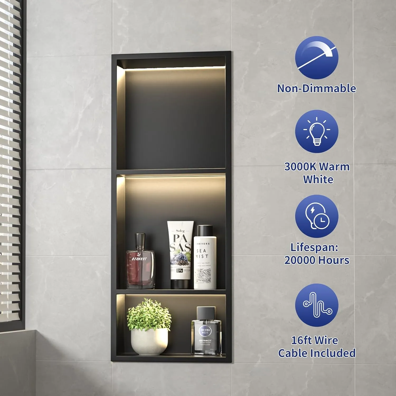 Stainless Steel Shower Niche with Shelf 30" X 12" Matte Black with Led Light 3 Shelves No Tile Needed Niche Shower for Bathroom Storage Over-Mounted Installation