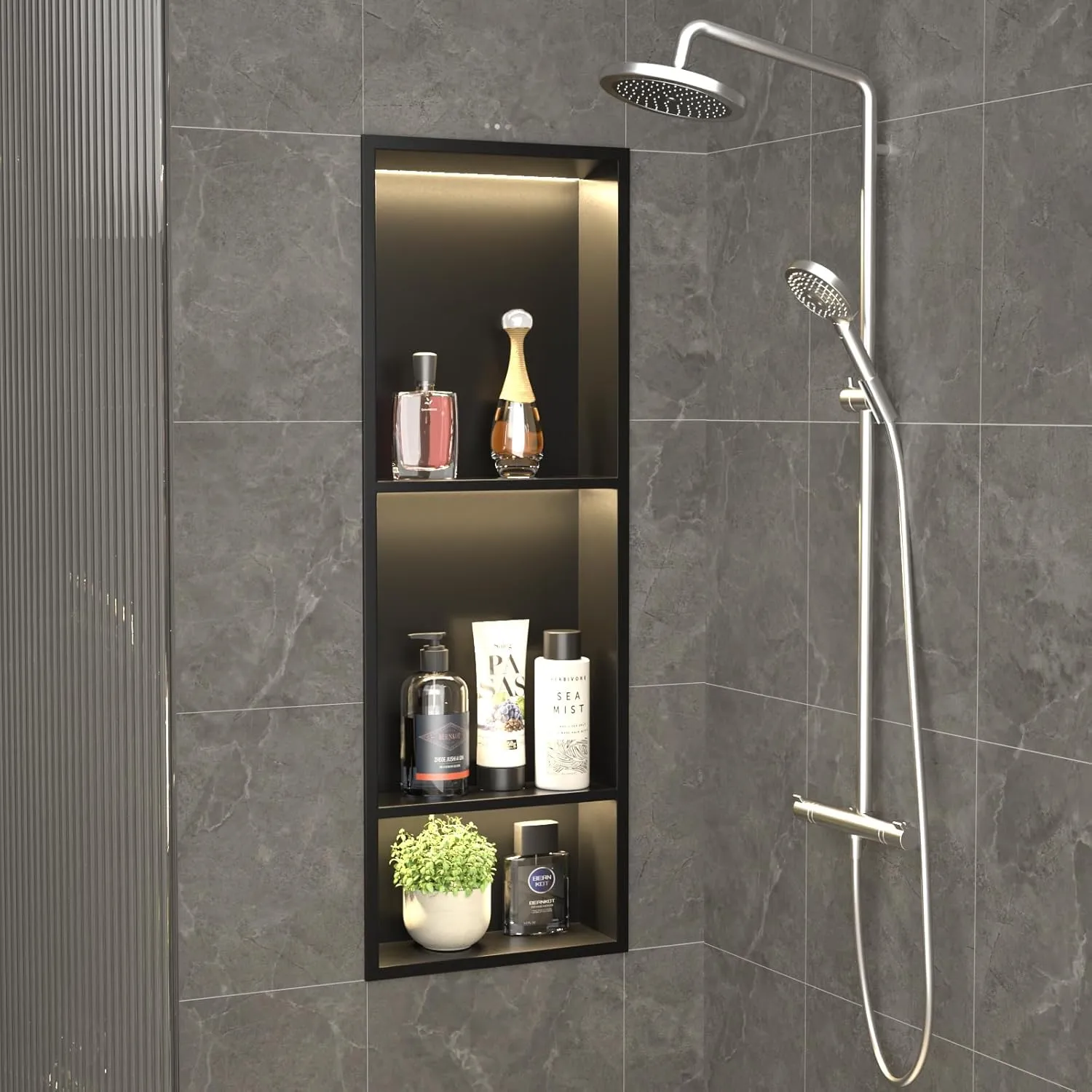 Stainless Steel Shower Niche with Shelf 30" X 12" Matte Black with Led Light 3 Shelves No Tile Needed Niche Shower for Bathroom Storage Over-Mounted Installation