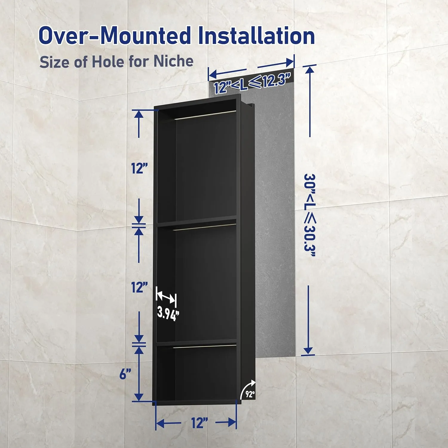 Stainless Steel Shower Niche with Shelf 30" X 12" Matte Black with Led Light 3 Shelves No Tile Needed Niche Shower for Bathroom Storage Over-Mounted Installation