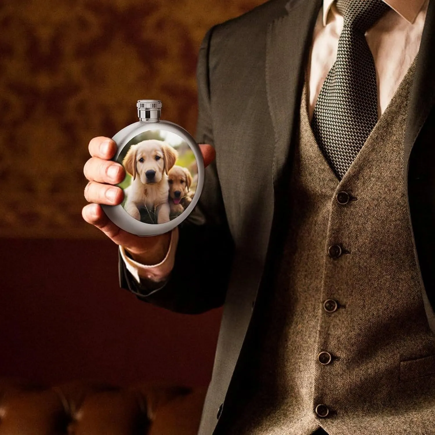 Stainless Steel Wine Bottle Liquor Container Cute Golden Retriever Puppy Print Leak Proof Hip Flask Durable for Camping Hiking Travel Festivals