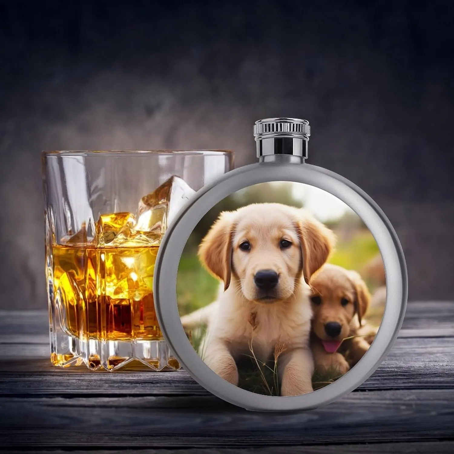 Stainless Steel Wine Bottle Liquor Container Cute Golden Retriever Puppy Print Leak Proof Hip Flask Durable for Camping Hiking Travel Festivals