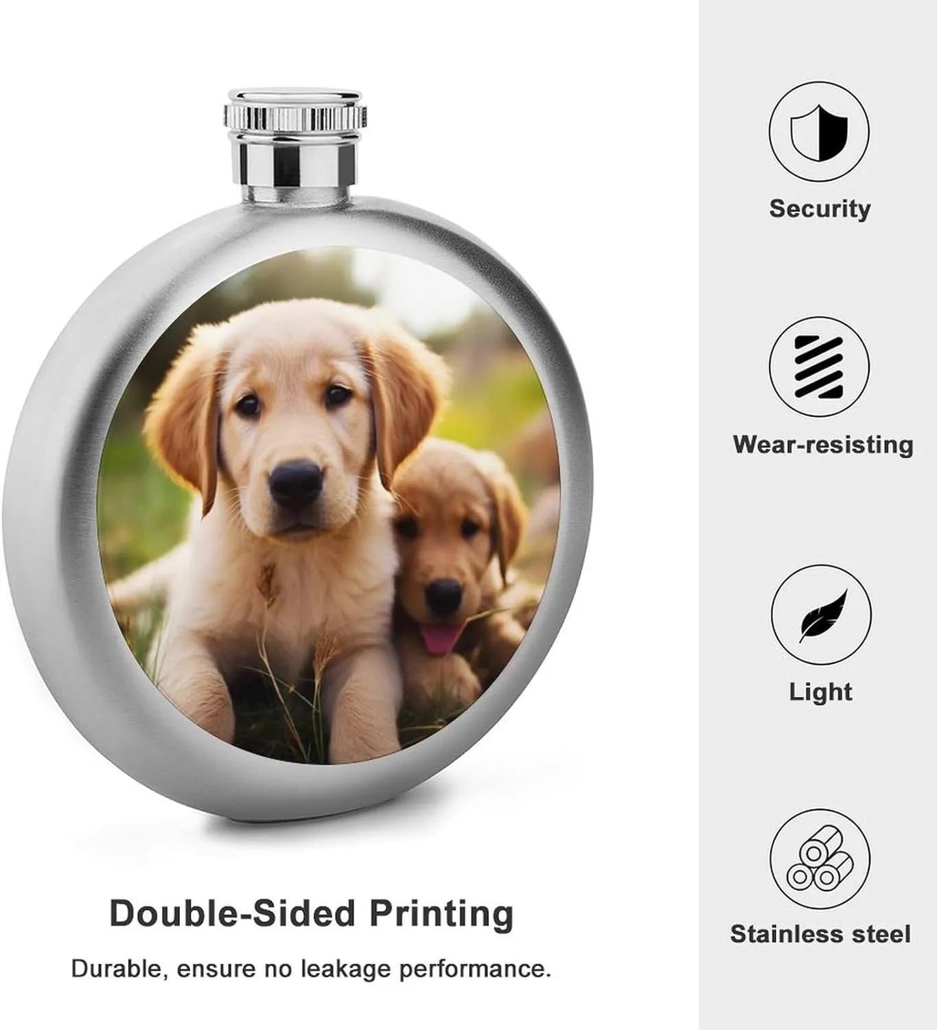 Stainless Steel Wine Bottle Liquor Container Cute Golden Retriever Puppy Print Leak Proof Hip Flask Durable for Camping Hiking Travel Festivals