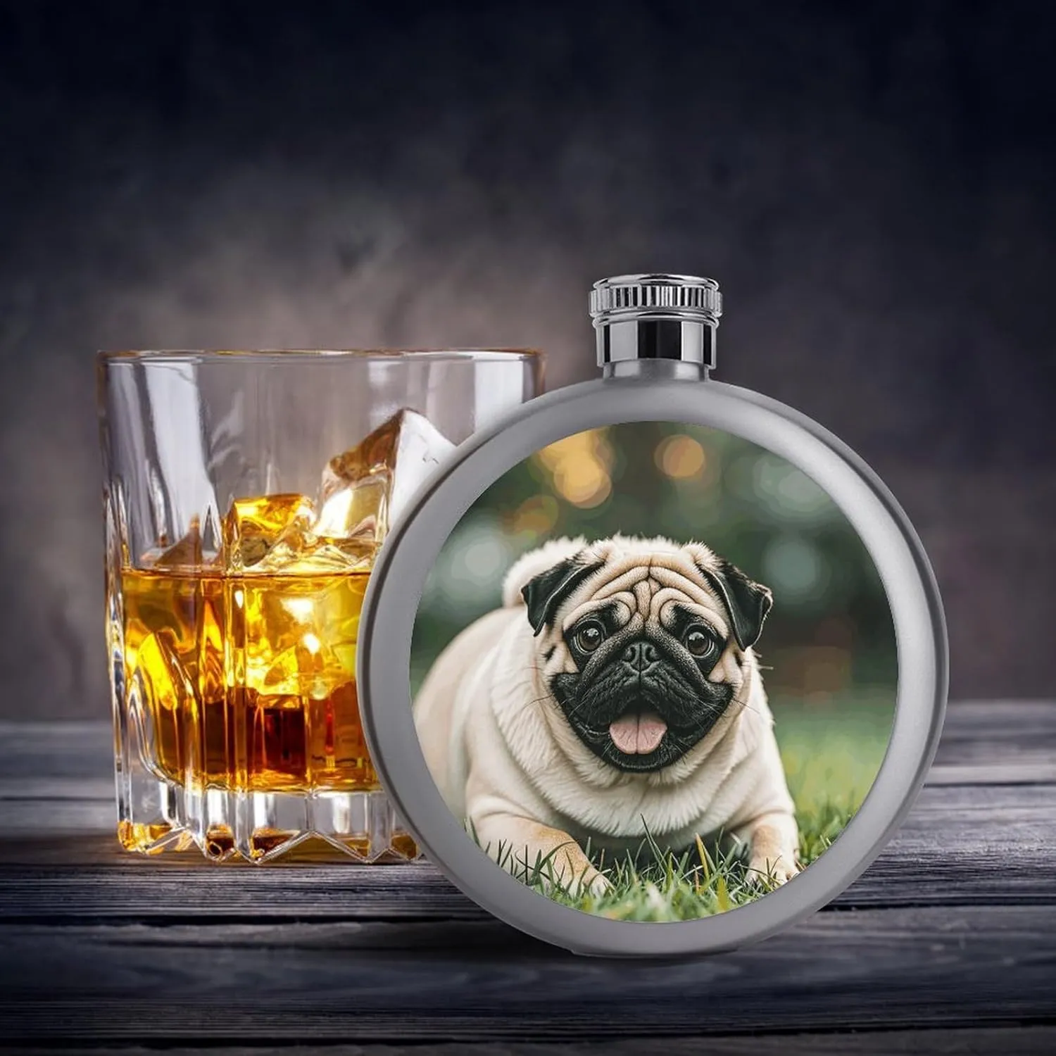 Stainless Steel Wine Bottle Liquor Container Pug Dogs Print Leak Proof Hip Flask Durable for Camping Hiking Travel Festivals