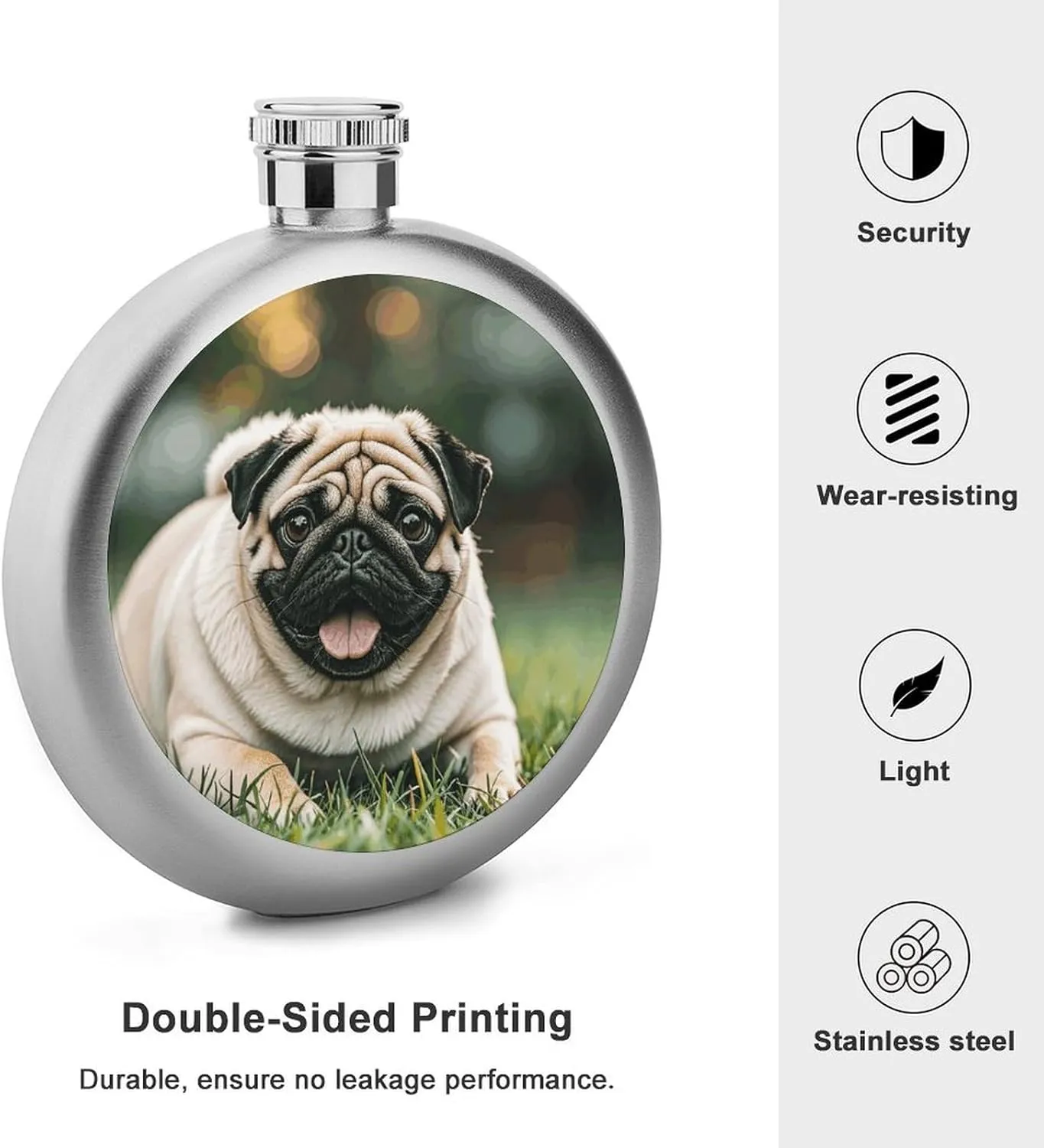 Stainless Steel Wine Bottle Liquor Container Pug Dogs Print Leak Proof Hip Flask Durable for Camping Hiking Travel Festivals