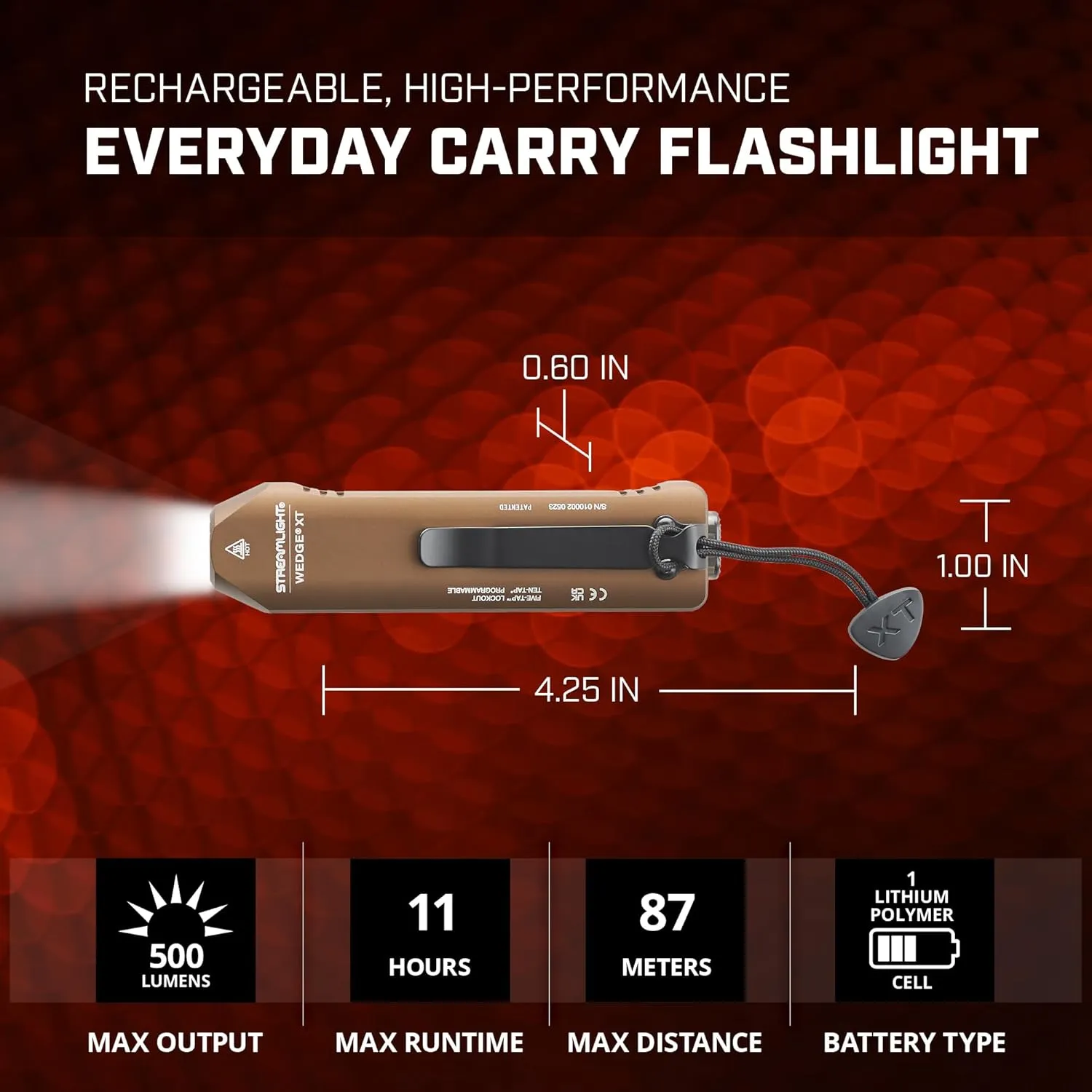 Streamlight 88813 Wedge XT 500-Lumen Slim Everyday Carry Flashlight, Includes USB-Cable and Pocket Lanyard, Coyote