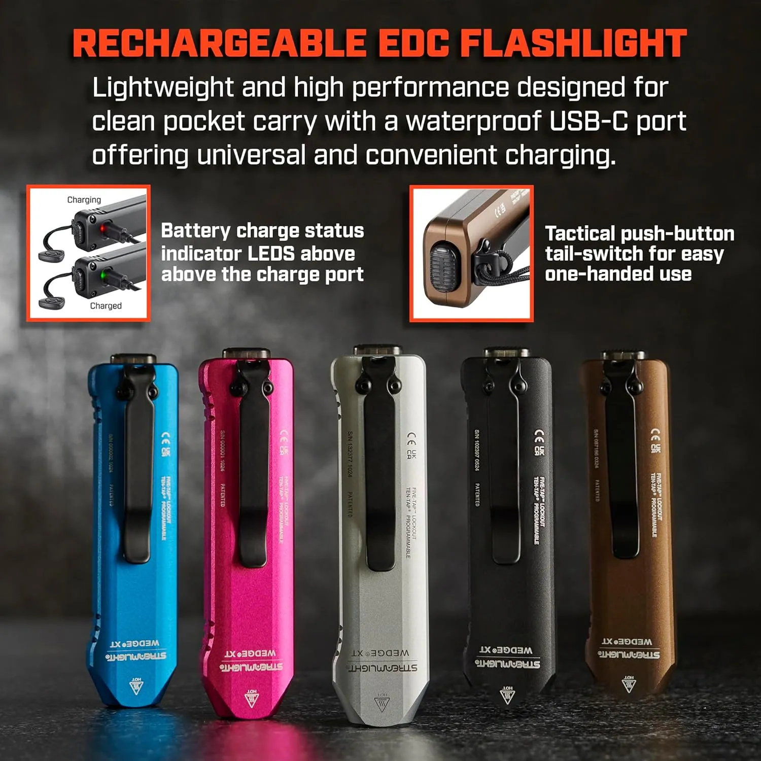 Streamlight 88813 Wedge XT 500-Lumen Slim Everyday Carry Flashlight, Includes USB-Cable and Pocket Lanyard, Coyote