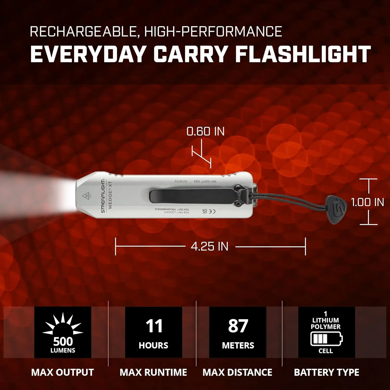 Streamlight 88819 Wedge XT 500-Lumen Slim Everyday Carry Flashlight, Includes USB-Cable and Pocket Lanyard, Silver