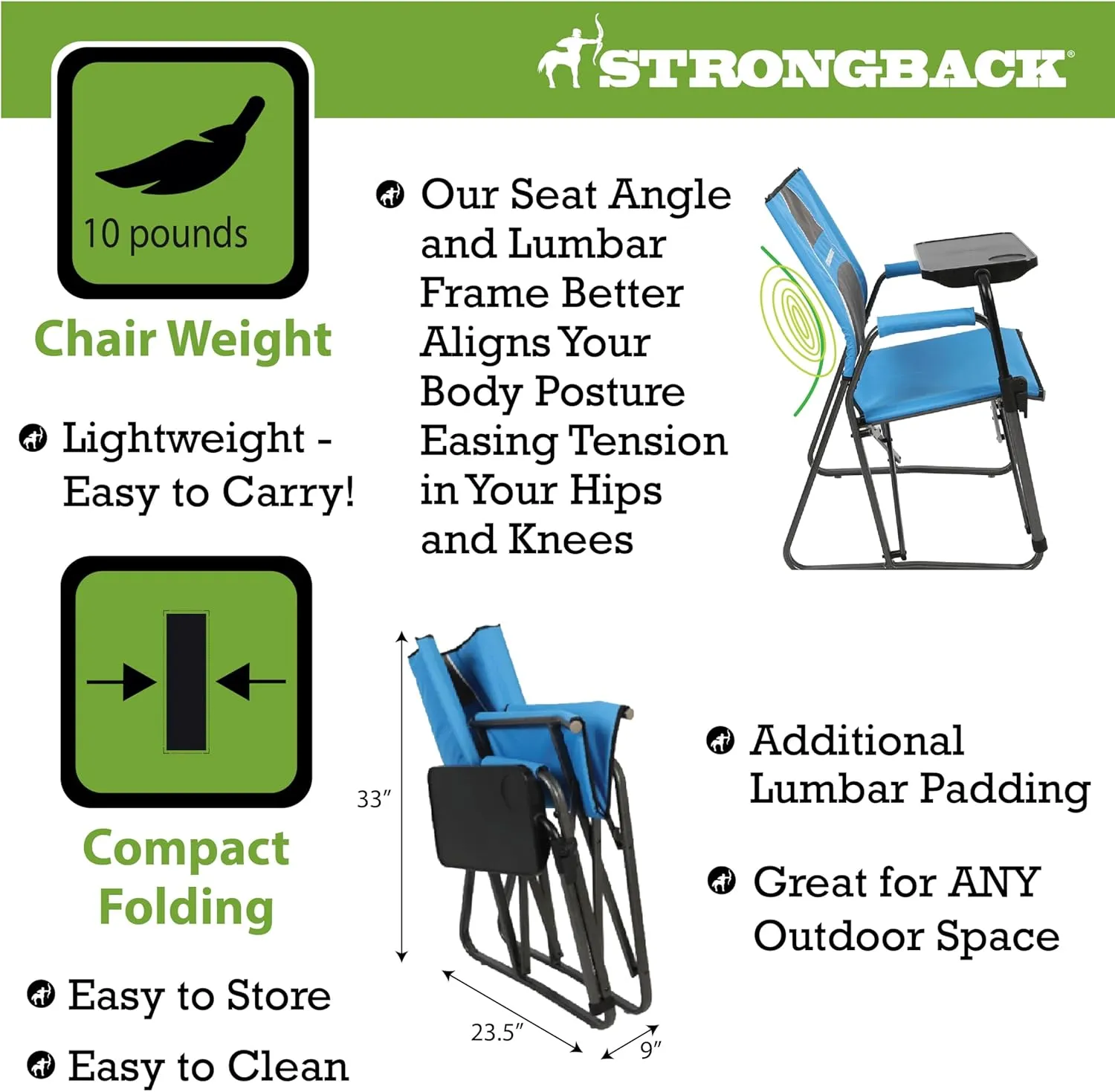 STRONGBACK Outdoors Director Chair - Portable Camping Chair with Lumbar Support - Heavy-Duty and Foldable