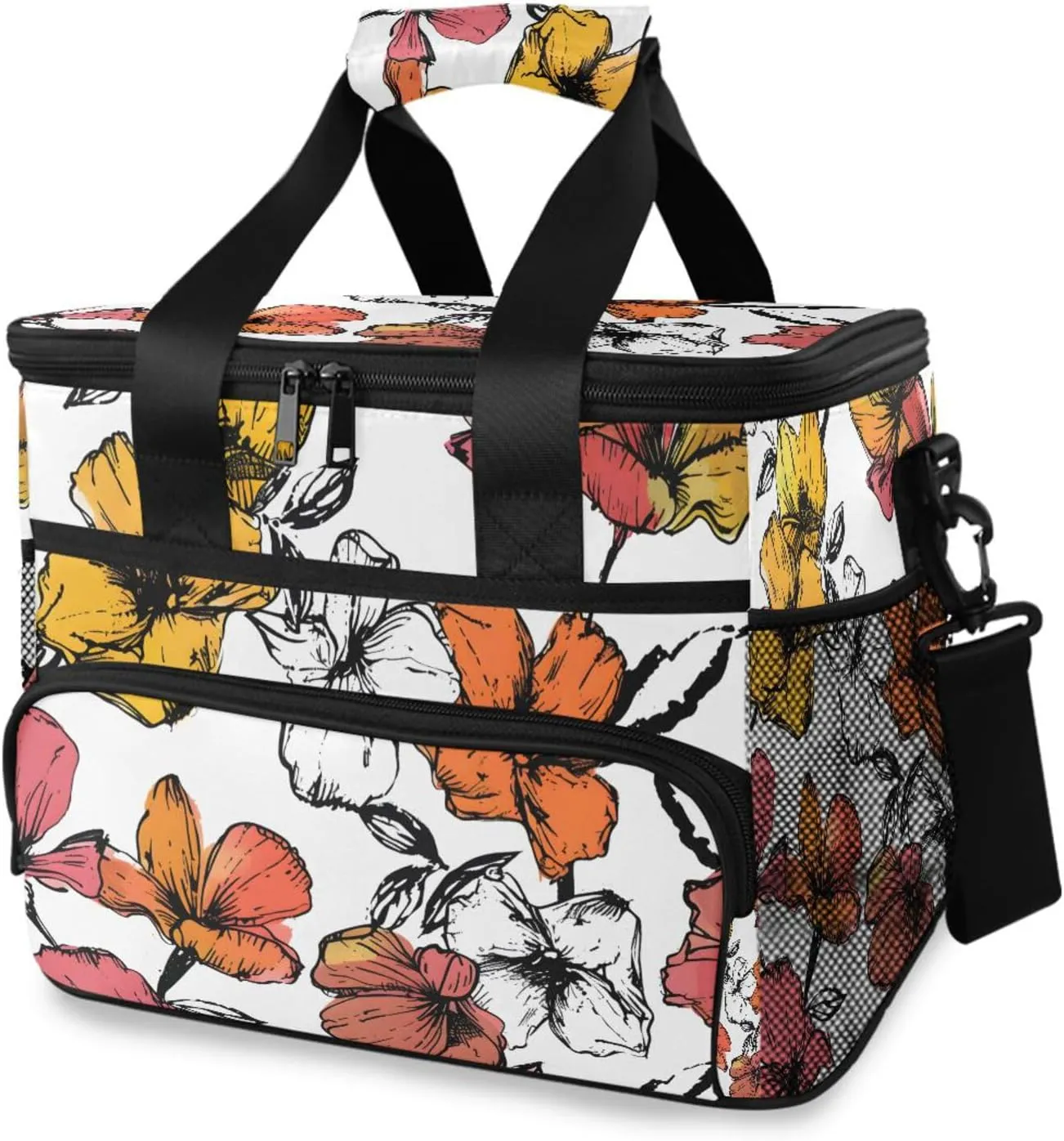 Summer Floral Ink Flower Cooler Bag Insulated Cooler Soft Sided Cooler 24 Can Portable Picnic Bag Large Leakproof Lunch Bag Box for Beach Grocery Camping Travel Car Men Women