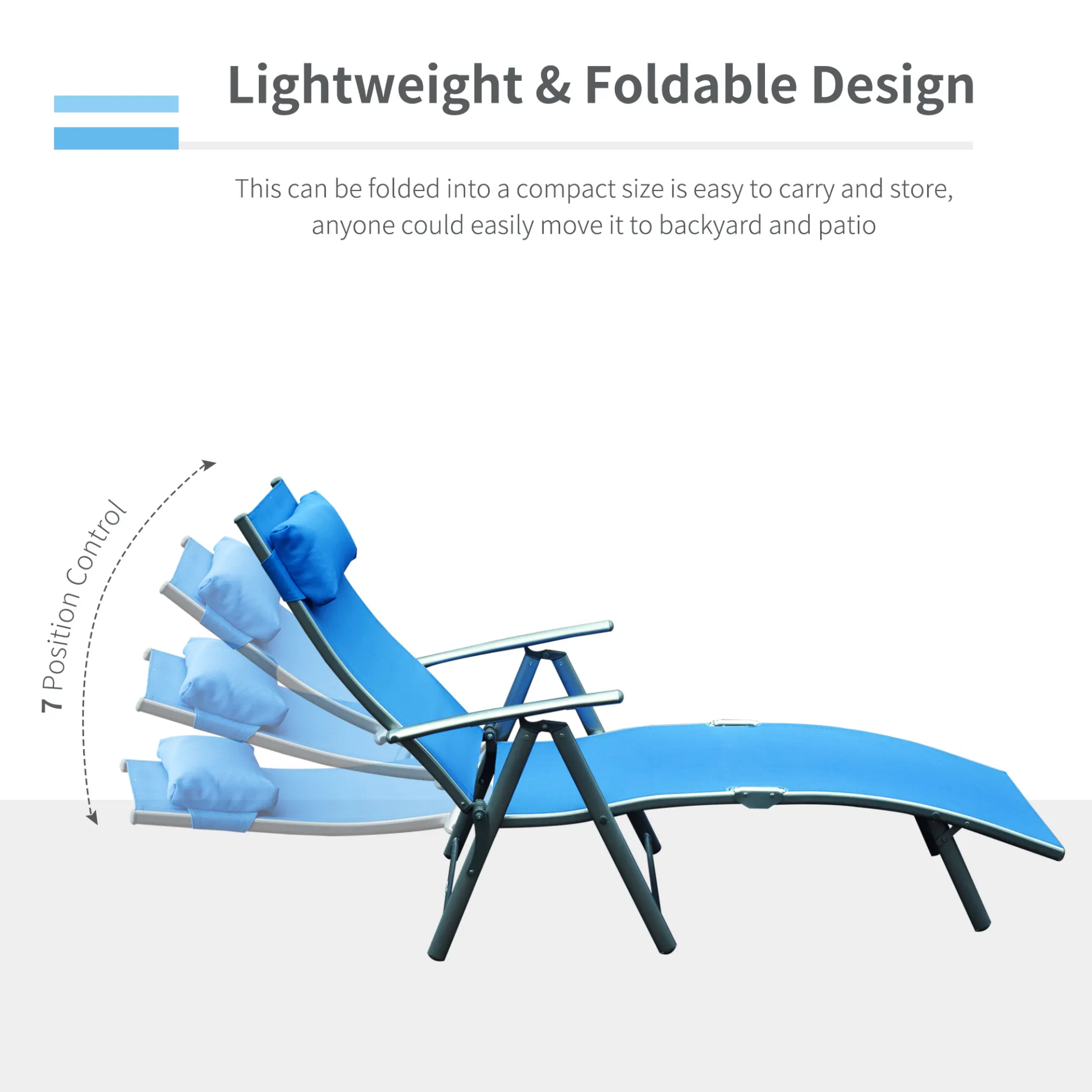 Sun Lounger Steel Frame Outdoor Folding Chaise Texteline Lounge Chair Recliner with Headrest & 7 Levels Adjustable Backrest, Blue | Outsunny