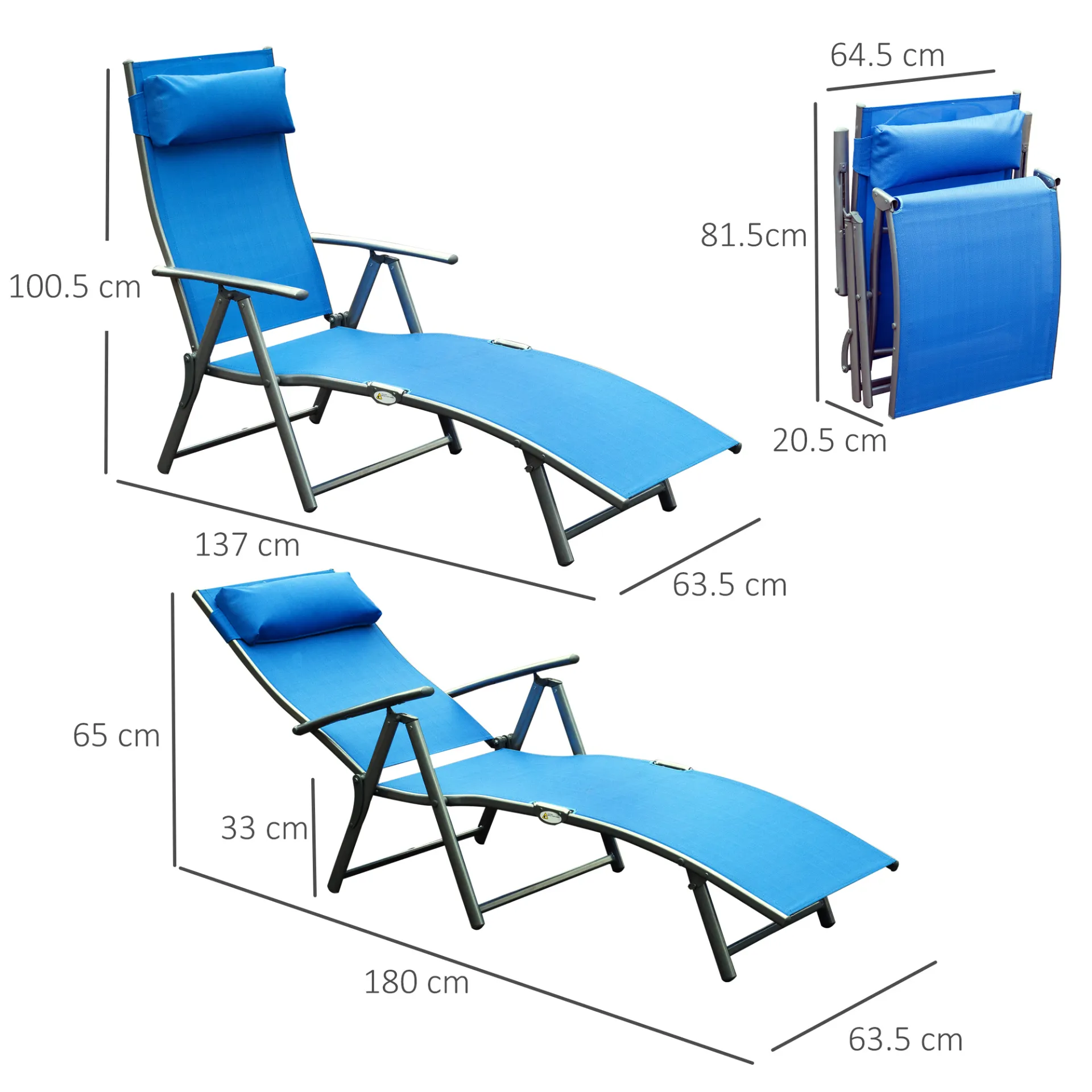 Sun Lounger Steel Frame Outdoor Folding Chaise Texteline Lounge Chair Recliner with Headrest & 7 Levels Adjustable Backrest, Blue | Outsunny
