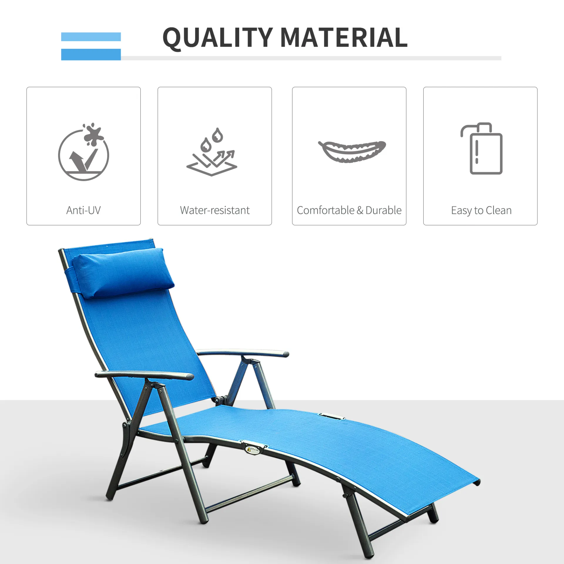 Sun Lounger Steel Frame Outdoor Folding Chaise Texteline Lounge Chair Recliner with Headrest & 7 Levels Adjustable Backrest, Blue | Outsunny