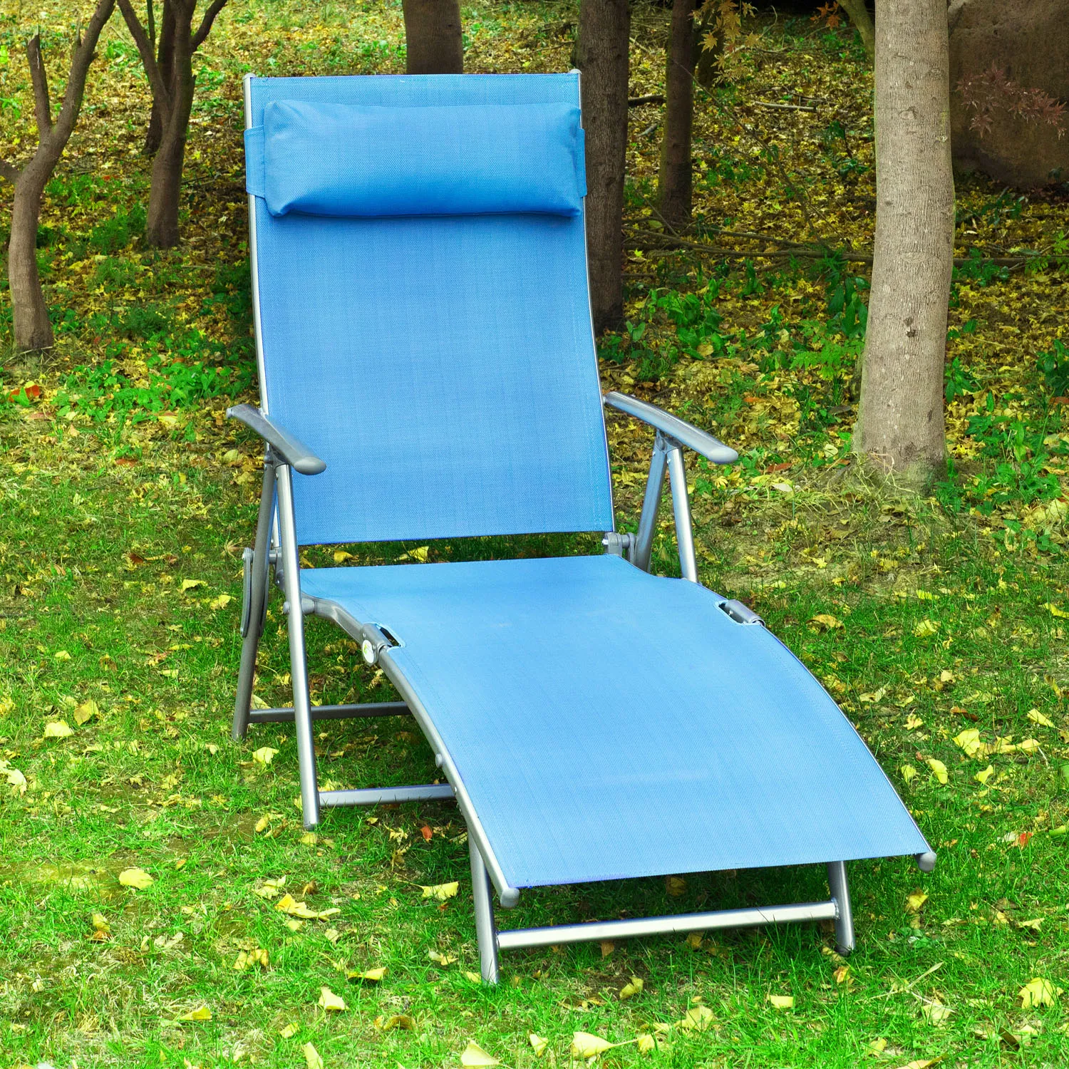 Sun Lounger Steel Frame Outdoor Folding Chaise Texteline Lounge Chair Recliner with Headrest & 7 Levels Adjustable Backrest, Blue | Outsunny