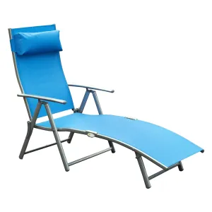 Sun Lounger Steel Frame Outdoor Folding Chaise Texteline Lounge Chair Recliner with Headrest & 7 Levels Adjustable Backrest, Blue | Outsunny
