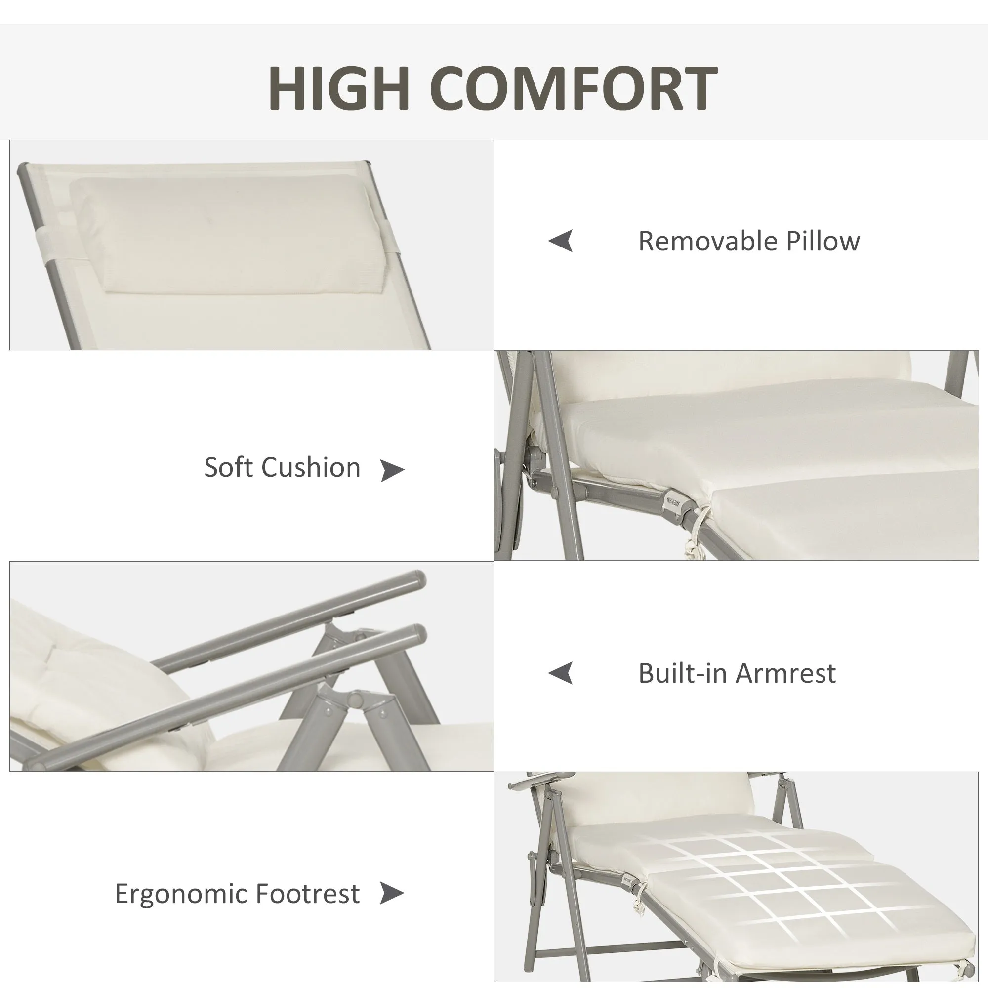 Sun Lounger Steel Frame Outdoor Folding Chaise Texteline Lounge Chair Recliner with Headrest & 7 Levels Adjustable Backrest, Cream White