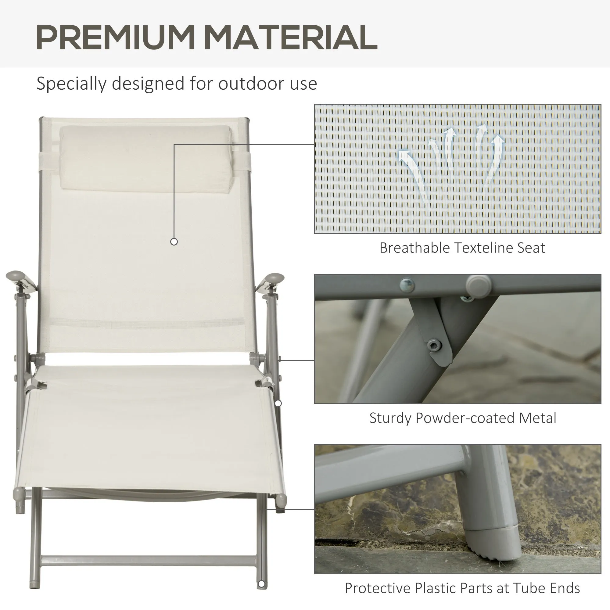 Sun Lounger Steel Frame Outdoor Folding Chaise Texteline Lounge Chair Recliner with Headrest & 7 Levels Adjustable Backrest, Cream White
