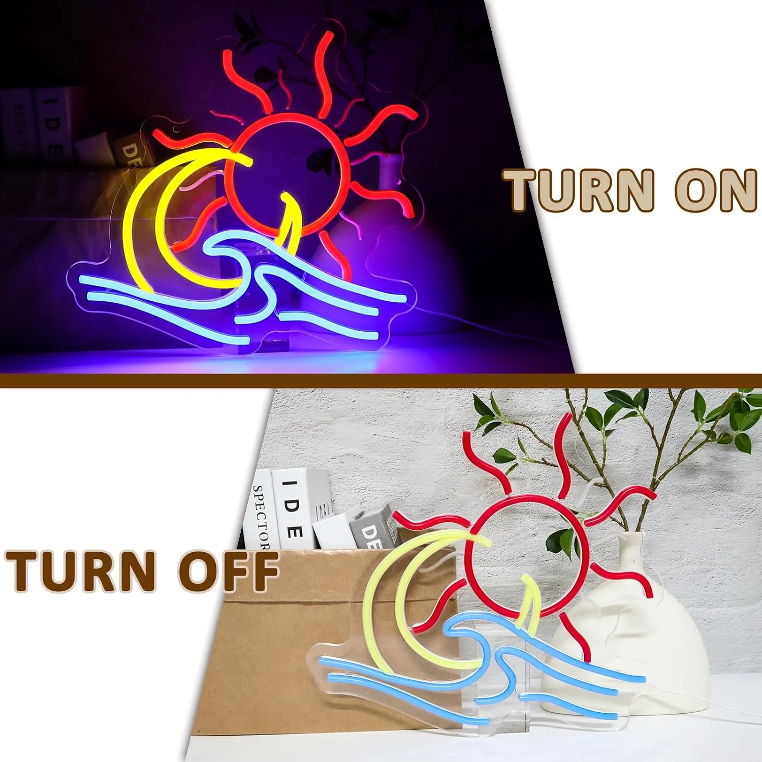 Sun Moon Waves Neon Sign for Wall Decor, Sun Moon Ocean Led Signs for Room, USB Dimmable Sunrise Neon Lights for Bedroom Home Living Room Party Game Zone Man Cave Pub Office Wall Art