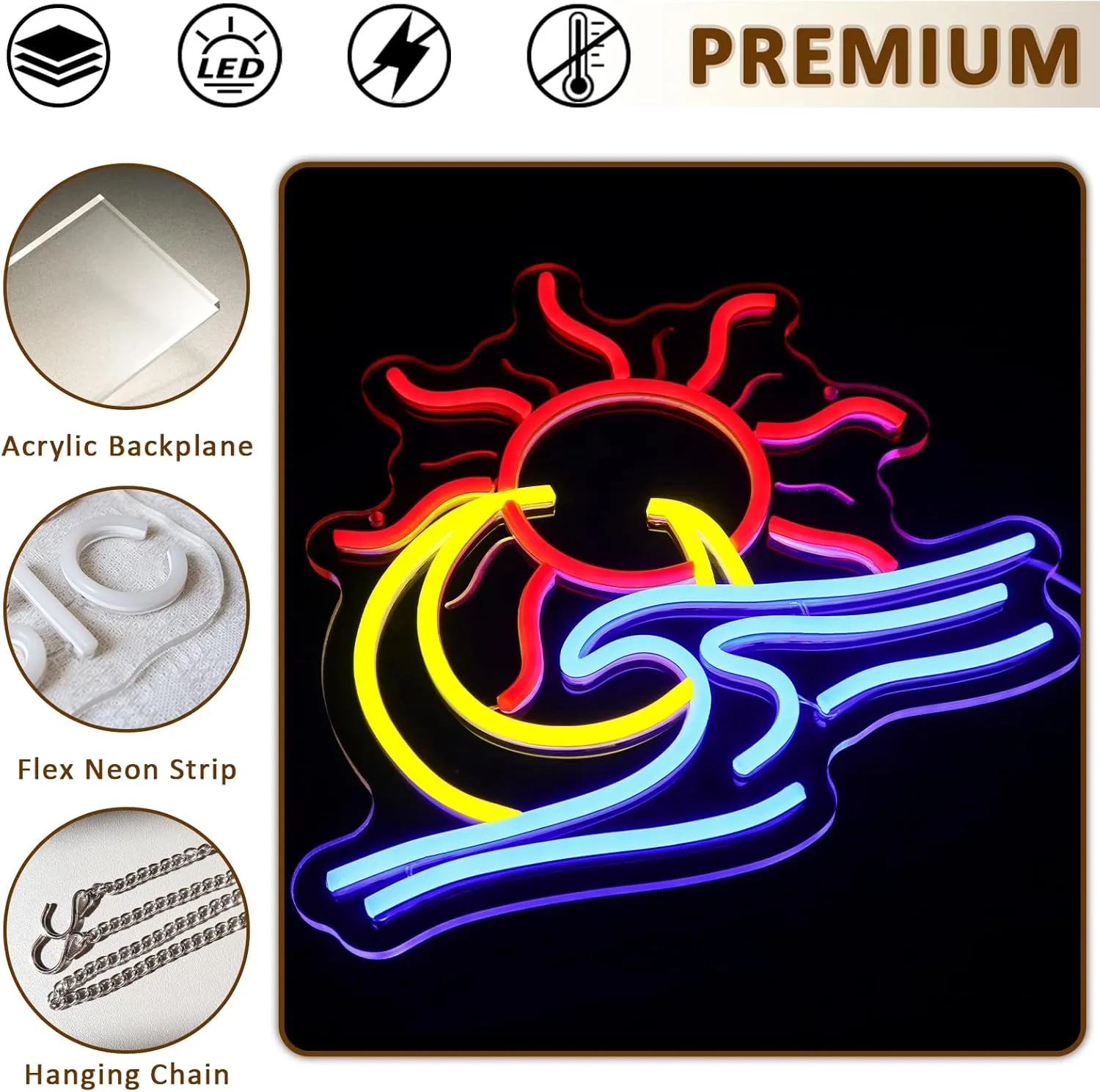 Sun Moon Waves Neon Sign for Wall Decor, Sun Moon Ocean Led Signs for Room, USB Dimmable Sunrise Neon Lights for Bedroom Home Living Room Party Game Zone Man Cave Pub Office Wall Art