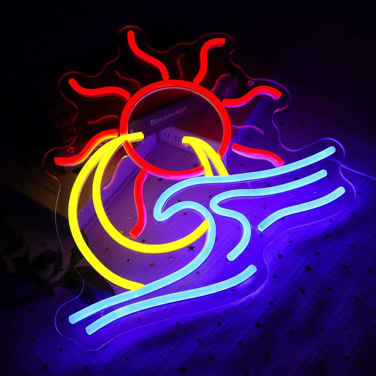 Sun Moon Waves Neon Sign for Wall Decor, Sun Moon Ocean Led Signs for Room, USB Dimmable Sunrise Neon Lights for Bedroom Home Living Room Party Game Zone Man Cave Pub Office Wall Art